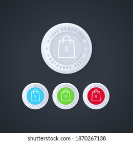 Online safe shopping stamp button in 3d style. 100 Secure grunge vector icon. Badge or button for commerce website. Vector illustration.
