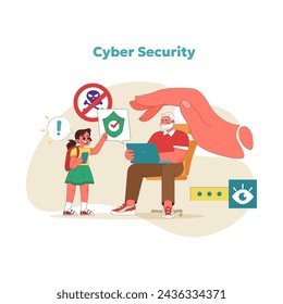 Online safety concept. Grandfather learns to navigate cyber threats with granddaughters aid. Strengthening internet security for seniors. Technologies for elders in modern world. Vector illustration