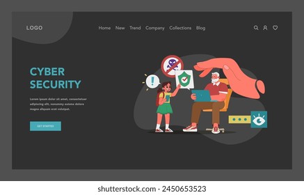 Online safety concept. Grandfather learns to navigate cyber threats with granddaughters aid. Strengthening internet security for seniors. Technologies for elders in modern world. Vector illustration