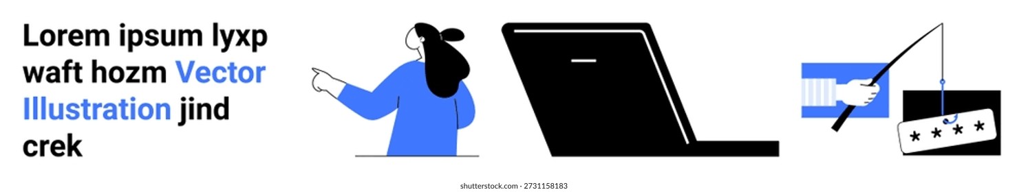 Online safety, cybersecurity, hacking prevention, phishing scams, identity fraud, digital interaction. A user, laptop and phishing visual . Online safety and cybersecurity