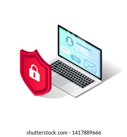 Online safety isometric concept. 3d vector illustration laptop with personal information applications on screen behind shield. Web security. General Data Protection Regulation