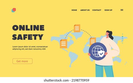 Online Safety Landing Page Template. Female Character Holding Symbol of Globe with Shield on World Map Background. Protecting from Cyber Attack, Antivirus Defense. Cartoon People Vector Illustration
