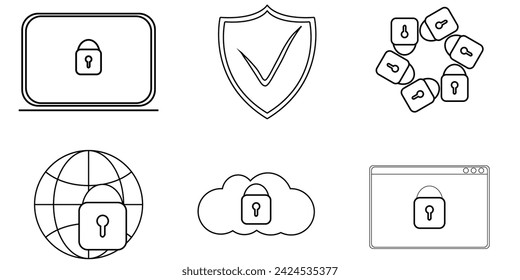 Online safety, mobile security black line icons set, vector data protection symbols