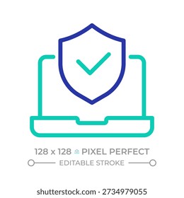 Online safety pixel perfect two color line icon. System security. It services. Protected computer bicolor outline symbol. Duotone linear pictogram. Isolated illustration. Editable stroke