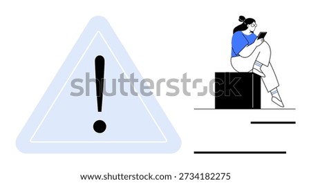 Online safety, risk management, digital focus, alert message, caution icons, modern communication. Large exclamation mark warning triangle and woman using a tablet. Online safety and risk management