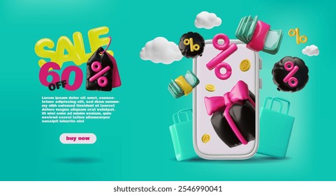 Venda on-line 60 fora 3D inflado modelo de página de aterrissagem estilo balão. Serviço de compras móvel de pagamento para compras no smartphone. Banner de oferta especial estilo plástico vetor, design de desconto de marketing