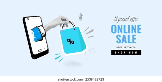 Online sale banner. hand coming out of phone and holding paper bag. Creative trend Collage Art Vector illustration