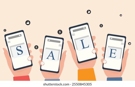 Online Sale banner, sale offers templates. human hand holding mobile showing sale banner. flat vector illustration.