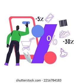 Online sale and bargain shopping concept, discount poster template. Big sale and special offer in internet store. Man choosing goods in mobile app, flat vector illustration isolated on background.