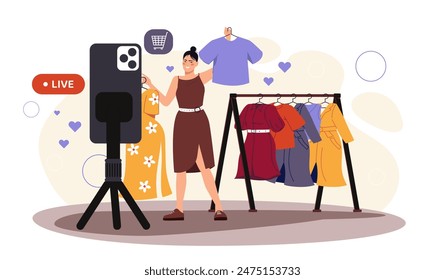 Online sale blogger. Woman with clothes in her hands stands near camera. Clothes sale. Ecommerce and cashless transfers and transactions. Cartoon flat vector illustration isolated on white background