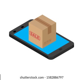 Online sale. Boxes and smartphone. Buy gifts online. vector illustration