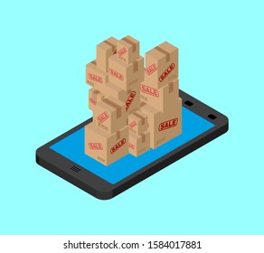 Online sale. Boxes and smartphone. Buy gifts online. vector illustration