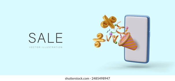 Online sale concept. Realistic smartphone, confetti cannon, golden percent balloons