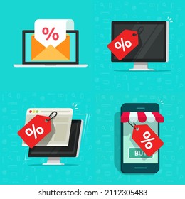 Online sale discount offer icons vector on digital store on mobile cell phone and computer or email price off promo tag for cheap internet electronic shopping deal flat cartoon illustration concept