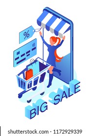 online sale. happy woman with shopping. purchase through smartphone. isometric 3d