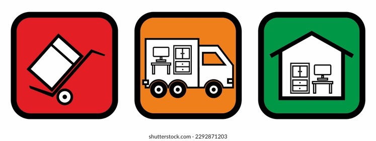 On-line-Verkauf Symbol Set, Kauf, Waren auf dem Weg, Lieferung an die Adresse, Möbel, Ampel-Farbensymbol-Sammlung, Vektorgrafik