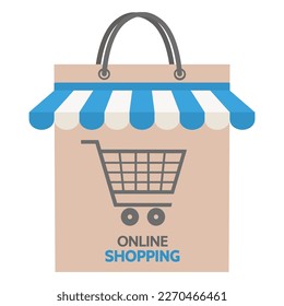 Online sale illustration. Shopping bag with showcase and trolley on white background