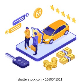 Online sale insurance rental sharing car isometric concept for landing, advertising with car, dealer, insurer, key, man. Auto rental, carpool, carsharing. isolated vector illustration