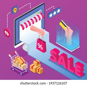 Online sale isometric colorful background with human hand holding plastic credit card bag with percent icon and cart with purchase boxes vector illustration