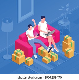 Online sale outlet isometric composition with two persons sitting on sofa with gadgets and carton boxes vector illustration