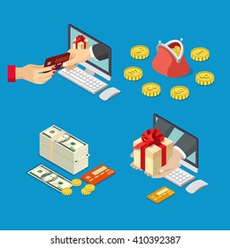 Online sale payment method delivery e-commerce concept. 3d isometric style vector illustration. Hand from computer monitor take pay bank credit card give box money coin currency purse.