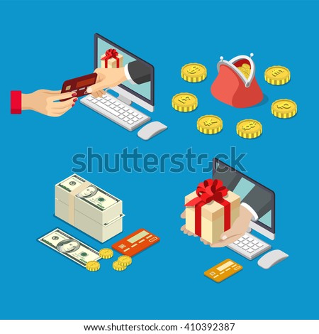 Online sale payment method delivery e-commerce concept. 3d isometric style vector illustration. Hand from computer monitor take pay bank credit card give box money coin currency purse.