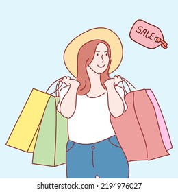 Online Sale Promotion Event. shopping woman character. Hand drawn style vector illustrations.