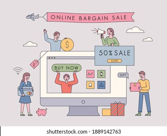 Online Sale Promotion Event. There is a sale icon on a large computer monitor and people are gathering around it. flat design style minimal vector illustration.