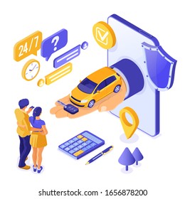 Online Sale, Purchase, Rent Car Isometric Concept For Landing, Advertising With Hand Hold Car Key From Phone, Family With Credit Card. Auto Rental, Carpool, Carsharing. Isolated Vector Illustration