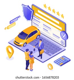 Online sale, purchase, rent, car isometric concept for landing, advertising with car, laptop, realtor, key, couple with credit card. Auto rental, carpool, carsharing. isolated vector illustration