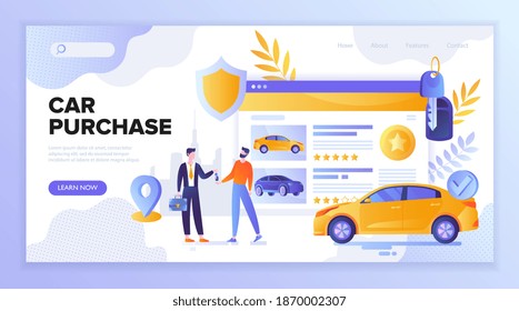 Online sale, purchase, rent, car abstract concept. Auto rental, carpool, carsharing. Flat cartoon vector illustration. Website, web page landing page template