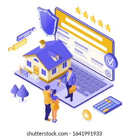 Online sale, purchase, rent, mortgage house isometric concept for landing, advertising with home, laptop, realtor, key, family invests money in real estate. isolated vector illustration