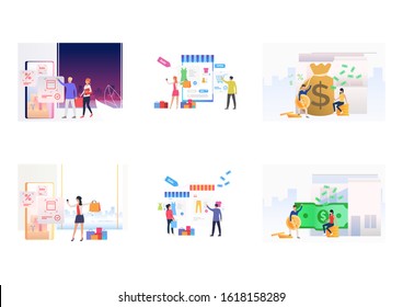 Online sale set. Customers paying online, choosing goods on store website. Flat vector illustrations. Ecommerce, business, shopping concept for banner, website design or landing web page