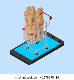 Online sale. shopping cart and smartphone. Buy gifts online. vector illustration