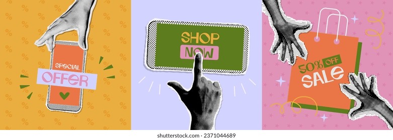 Online sale or shopping concept banners set. Vector illustration with hand pushing button on phone, showing special offer ad. 80s-90s collage with paper cut elements for decoration sale events. Vector