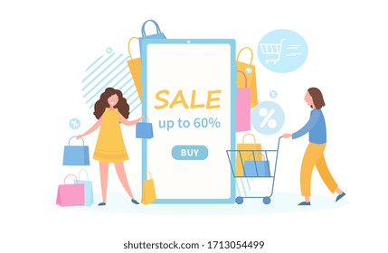 Online Sale and shopping concept with tablet or mobile phone and a man and woman shopping with bags and cart, vector illustration