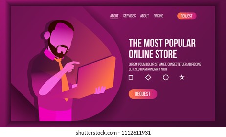 Online Sale Shopping Landing Page Concept Vector. Store. Man Shop Online Using Laptop. Main Website Page Design. Consumerism Template Illustration