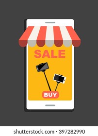 Online sale shopping. Smartphone.  Vector cartoon illustration.