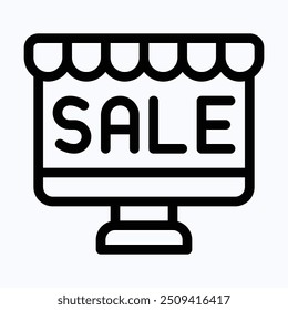 Online Sale Store Vector Icon, Computer Display With Sale Icon. Isolated Lineal Vector Icon.