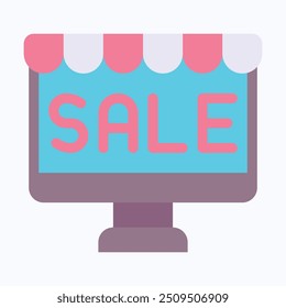 Online Sale Store Vector Icon, Computer Display With Sale Icon. Flat Style Isolated Vector Icon.