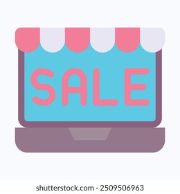 Online Sale Store Vector Icon, Laptop Display With Sale Icon. Flat Style Isolated Vector Icon.