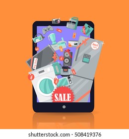 Online sale. Supermarket Sale. Household appliances flat style in suitcase. For electronics stores advertising. Purchase of equipment in Internet. Devices with red discount tags. Black friday. Vector