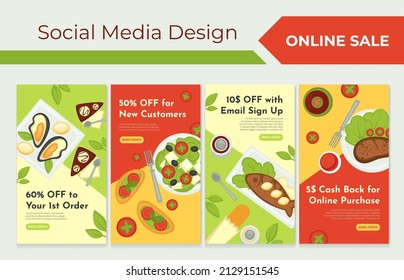 Online sale template banner, story offer for meal. Discount to new customer, first order, sign up and internet purchase, vector illustration. Social media promo design collection