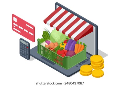 Online sale of vegetables and fruits. Isometric Farmer sells fresh Fruts and vegetables. Natural fresh products. Sellers and marketing concept. Farmer market.