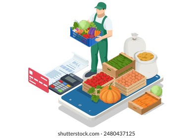 Online sale of vegetables and fruits. Isometric Farmer sells fresh Fruts and vegetables. Natural fresh products. Sellers and marketing concept. Farmer market.