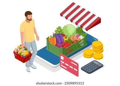 Online sale of vegetables and fruits. Isometric Farmer sells fresh Fruts and vegetables. Natural fresh products. Sellers and marketing concept. Farmer market.