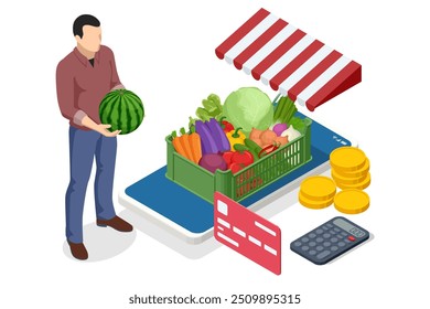 Online sale of vegetables and fruits. Isometric Farmer sells fresh Fruts and vegetables. Natural fresh products. Sellers and marketing concept. Farmer market.