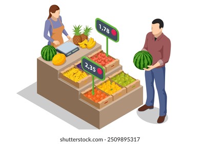 Online sale of vegetables and fruits. Isometric Farmer sells fresh Fruts and vegetables. Natural fresh products. Sellers and marketing concept. Farmer market.