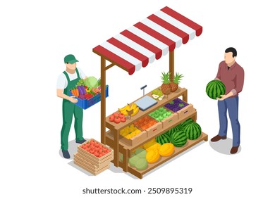 Online sale of vegetables and fruits. Isometric Farmer sells fresh Fruts and vegetables. Natural fresh products. Sellers and marketing concept. Farmer market.