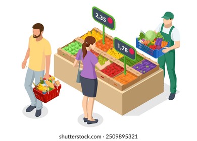 Venda on-line de legumes e frutas. O Isometric Farmer vende frutas e legumes frescos. Produtos frescos naturais. Vendedores e conceito de marketing. Mercado de agricultores.